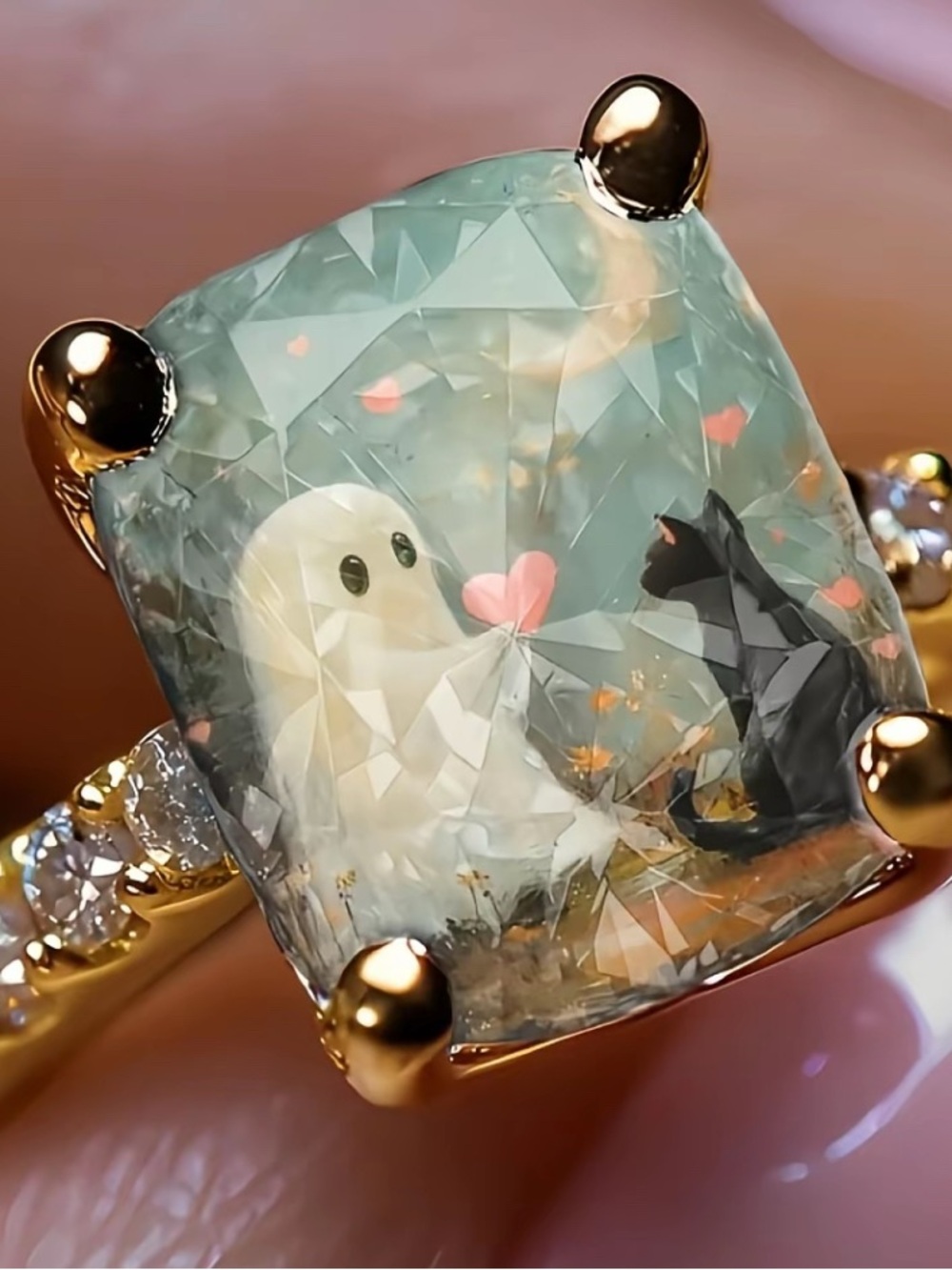 Gold-Tone Mint Green Ghost & Cat Decorative Ring